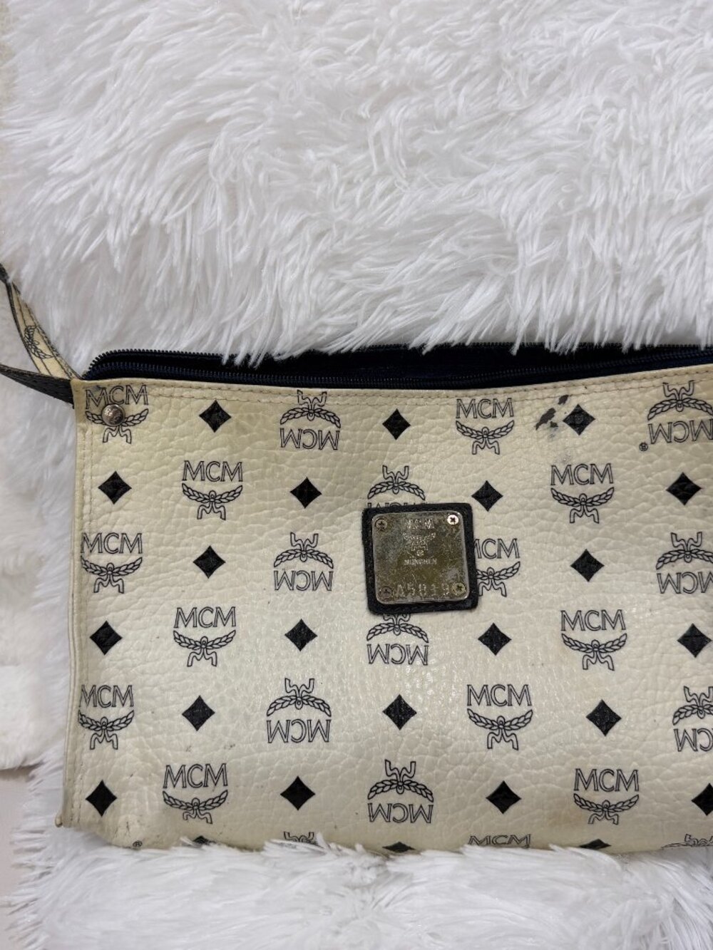 Vintage MCM Visetos White Navy Monogram Makeup Bag Leather Trim Wristlet